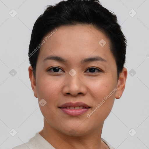 Joyful asian young-adult female with short  brown hair and brown eyes