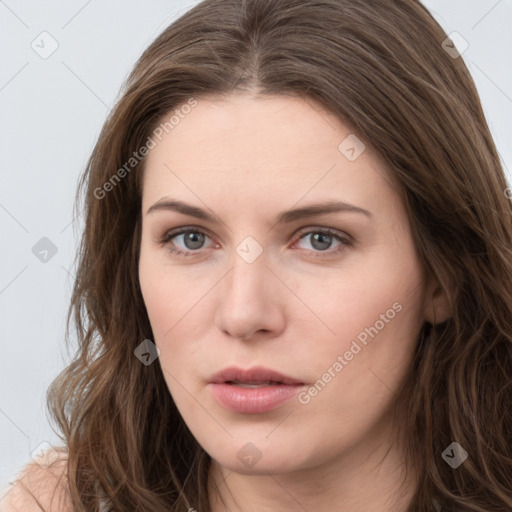 Neutral white young-adult female with long  brown hair and grey eyes