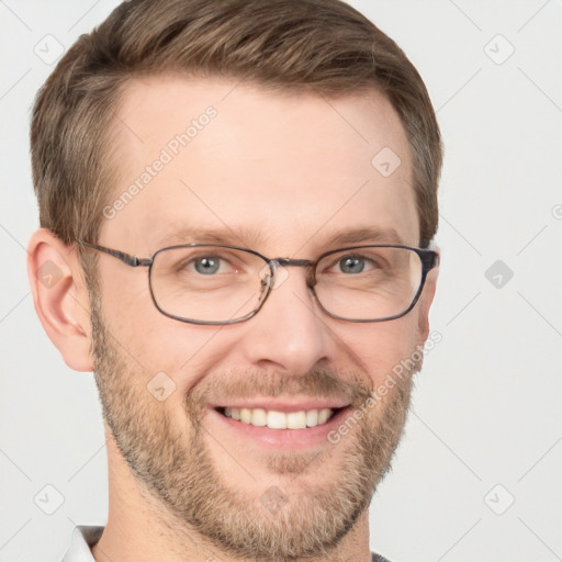 Joyful white adult male with short  brown hair and grey eyes