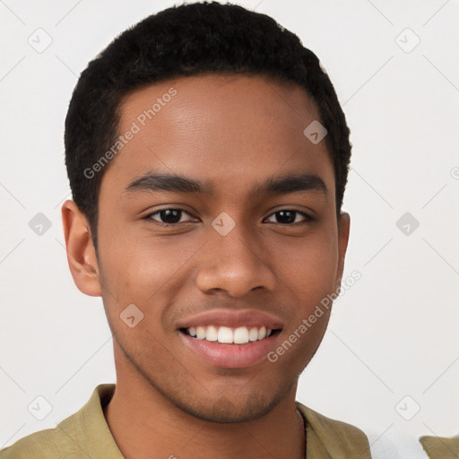 Joyful latino young-adult male with short  brown hair and brown eyes