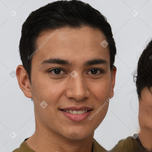 Joyful asian young-adult male with short  brown hair and brown eyes