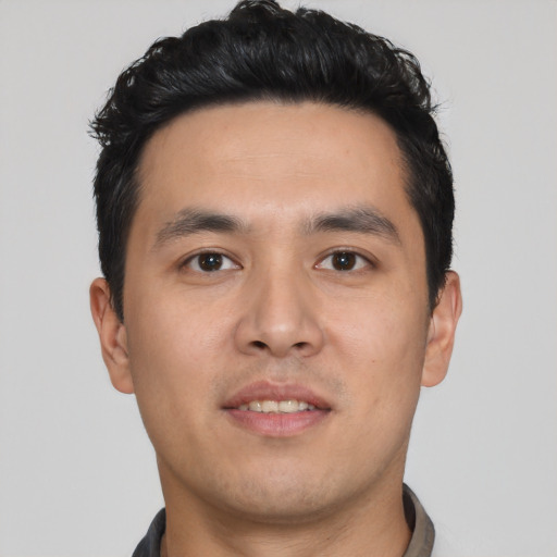 Neutral asian young-adult male with short  black hair and brown eyes