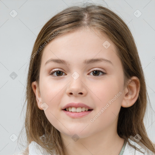 Joyful white child female with medium  brown hair and brown eyes