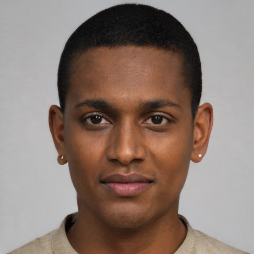 Neutral black young-adult male with short  black hair and brown eyes