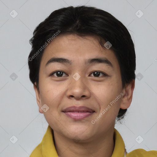 Joyful asian young-adult female with short  brown hair and brown eyes