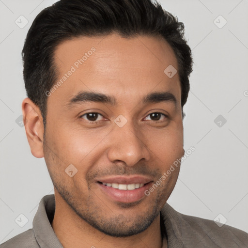 Joyful white young-adult male with short  brown hair and brown eyes