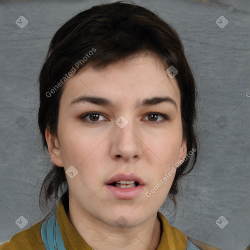 Neutral white young-adult female with medium  brown hair and brown eyes