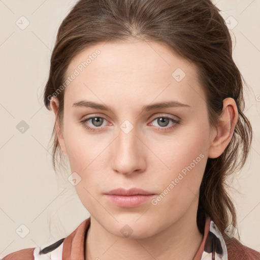 Neutral white young-adult female with medium  brown hair and blue eyes