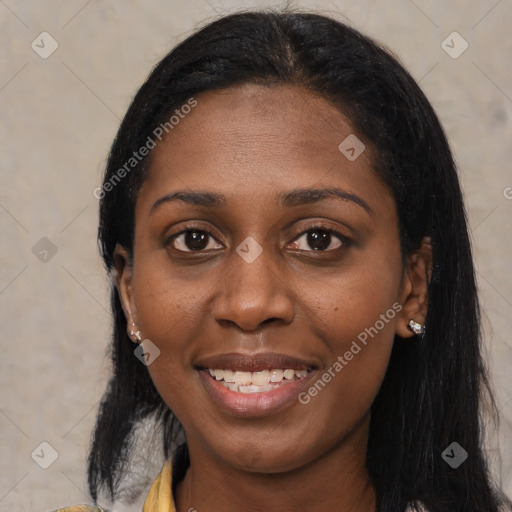 Joyful black young-adult female with medium  black hair and brown eyes