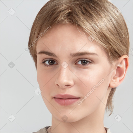 Neutral white young-adult female with medium  brown hair and brown eyes