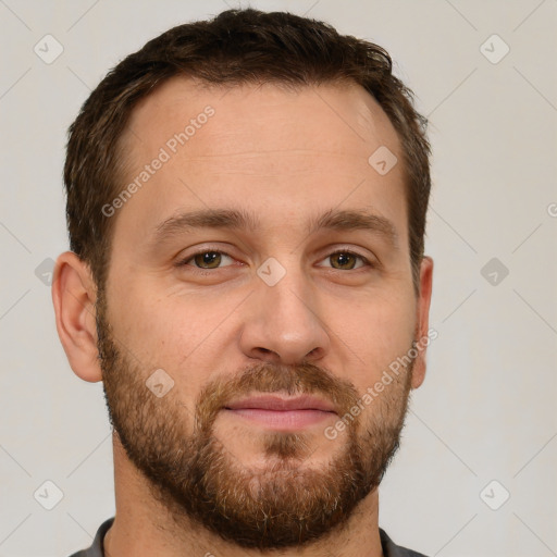 Neutral white young-adult male with short  brown hair and brown eyes