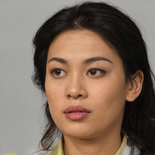 Neutral asian young-adult female with long  brown hair and brown eyes