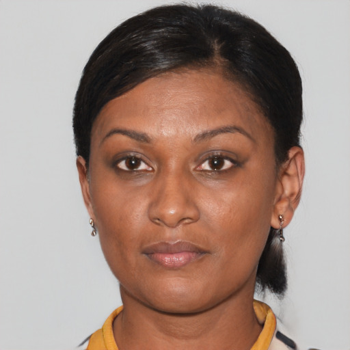 Neutral asian young-adult female with short  brown hair and brown eyes