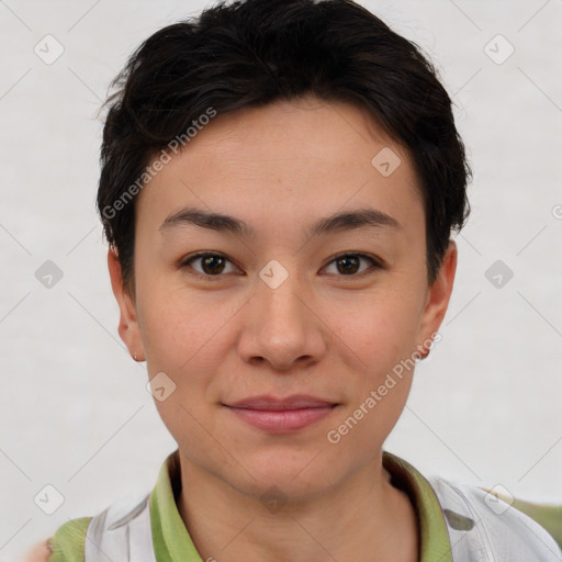 Joyful asian young-adult female with short  brown hair and brown eyes