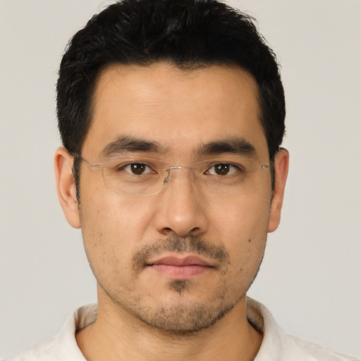 Neutral asian young-adult male with short  black hair and brown eyes