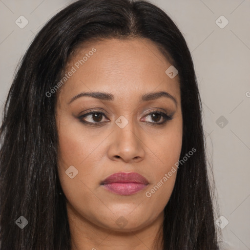 Joyful asian young-adult female with long  brown hair and brown eyes