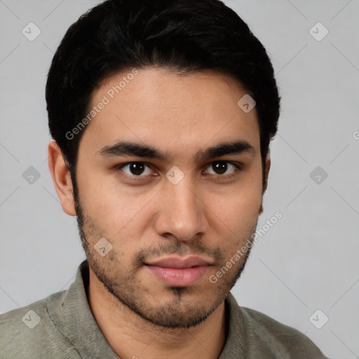 Neutral white young-adult male with short  brown hair and brown eyes