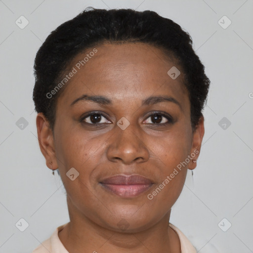 Joyful black adult female with short  brown hair and brown eyes