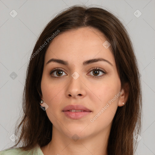 Neutral white young-adult female with long  brown hair and brown eyes