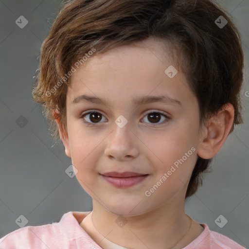 Joyful white child female with short  brown hair and brown eyes