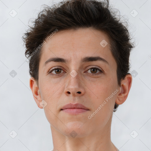 Neutral white young-adult female with short  brown hair and brown eyes