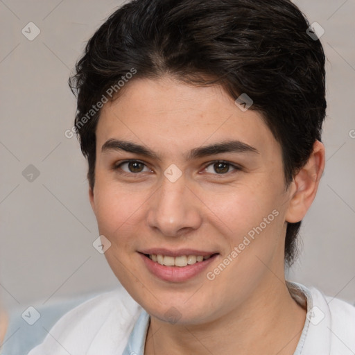 Joyful white young-adult female with short  brown hair and brown eyes