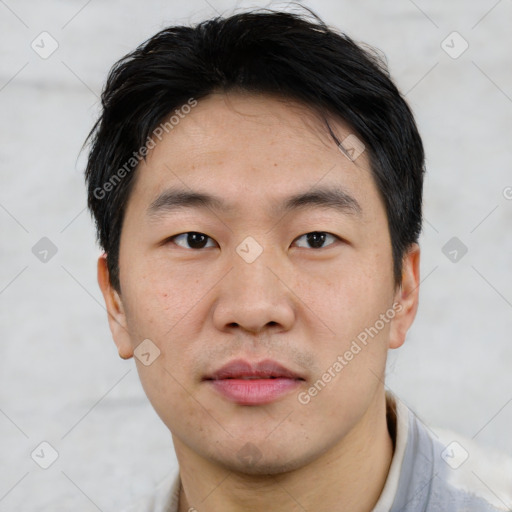 Neutral asian young-adult male with short  black hair and brown eyes