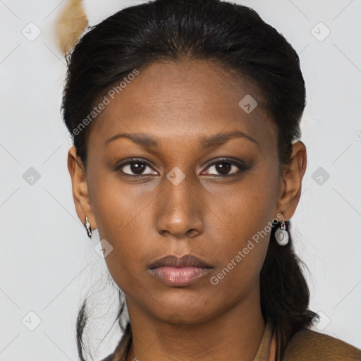 Neutral black young-adult female with medium  brown hair and brown eyes