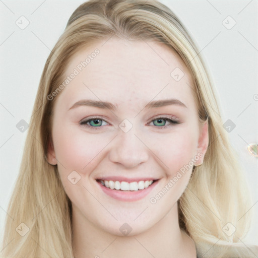 Joyful white young-adult female with long  brown hair and blue eyes