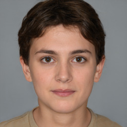 Neutral white young-adult female with short  brown hair and brown eyes