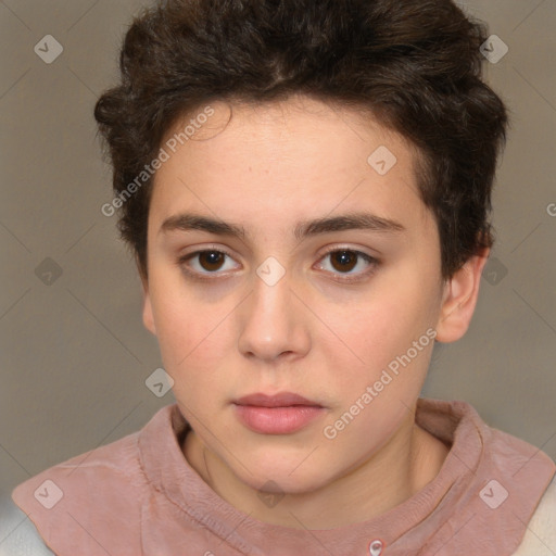 Neutral white young-adult female with short  brown hair and brown eyes