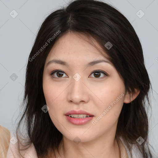 Joyful white young-adult female with medium  brown hair and brown eyes