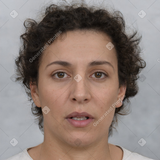 Neutral white adult female with short  brown hair and brown eyes