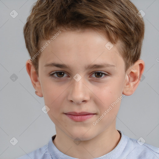 Joyful white child male with short  brown hair and brown eyes