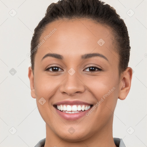 Joyful white young-adult female with short  brown hair and brown eyes