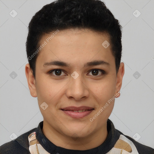 Joyful latino young-adult female with short  brown hair and brown eyes