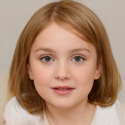 Neutral white child female with medium  brown hair and blue eyes