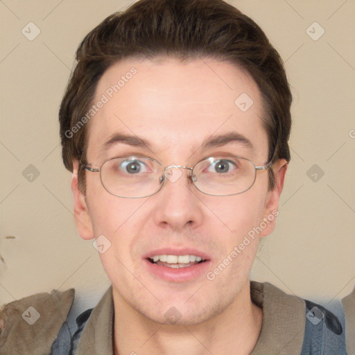 Joyful white adult male with short  brown hair and grey eyes