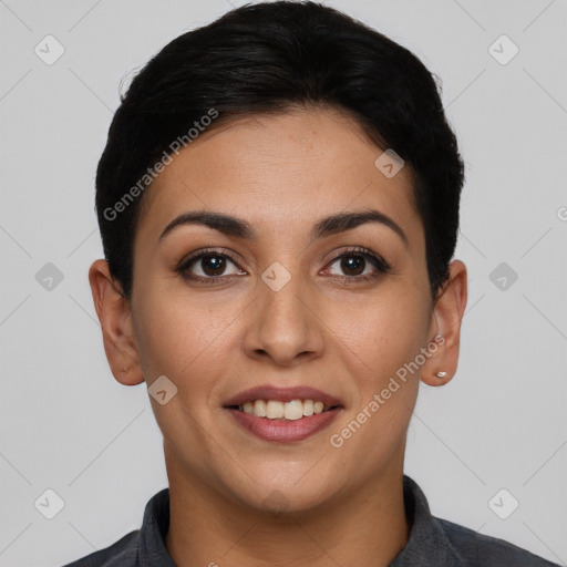 Joyful latino young-adult female with short  black hair and brown eyes