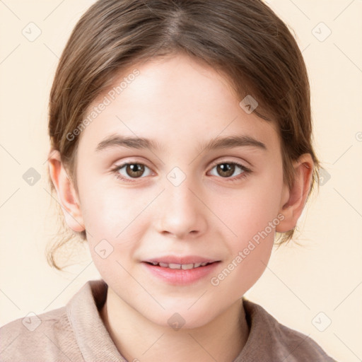 Joyful white child female with medium  brown hair and brown eyes