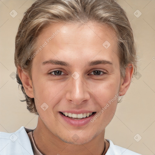 Joyful white young-adult female with short  brown hair and brown eyes