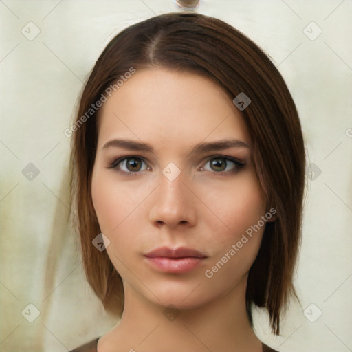 Neutral white young-adult female with medium  brown hair and brown eyes