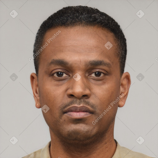 Neutral black young-adult male with short  black hair and brown eyes