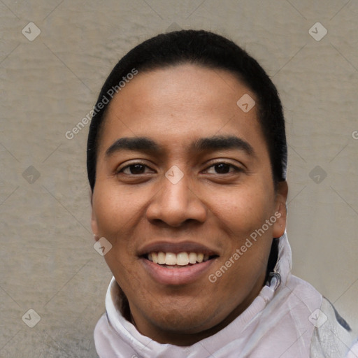 Joyful asian young-adult male with short  black hair and brown eyes