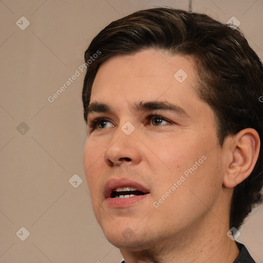 Joyful white young-adult male with medium  brown hair and brown eyes