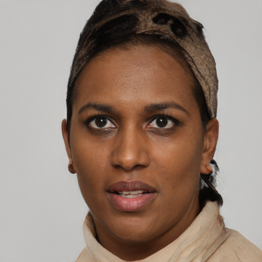 Neutral black young-adult female with short  brown hair and brown eyes
