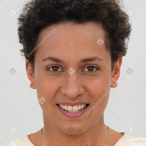 Joyful white young-adult female with short  brown hair and brown eyes