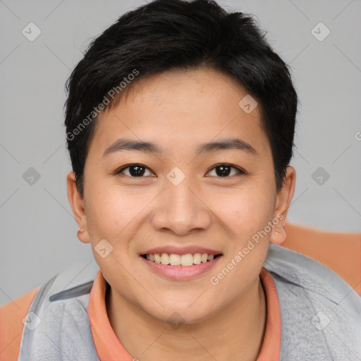 Joyful asian young-adult female with short  brown hair and brown eyes