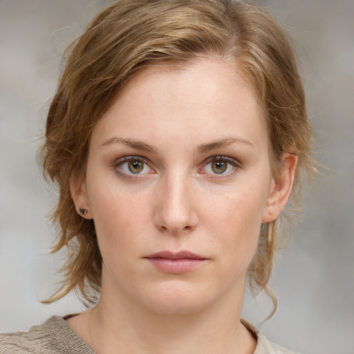 Neutral white young-adult female with medium  brown hair and blue eyes