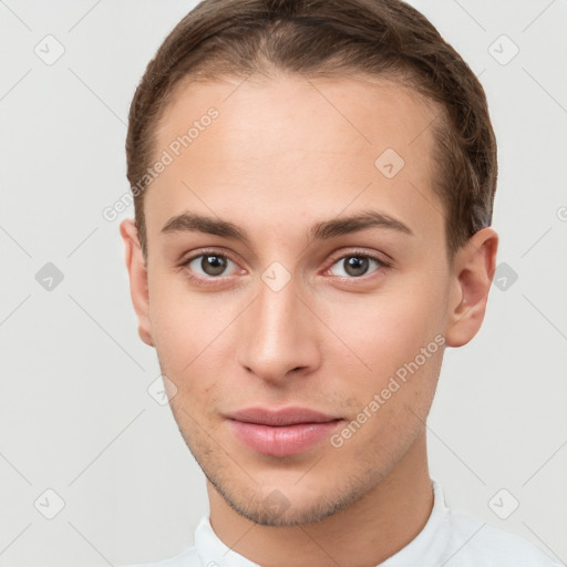 Neutral white young-adult male with short  brown hair and brown eyes